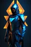 Placeholder: neon blue, floating triangle of light on the back, cyber armor, geometric patterns on armor, male, orbiting triangle