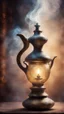 Placeholder: The aladin genie out of an old oil lamp in , Smokey ethereal, heavenly background