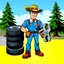 Placeholder: retro cartoon company mascot of a vehicle mechanic with a hint of forest ranger, holding a torque-wrench and next to a stack of tires, ranger smith