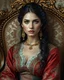 Placeholder: A stunning Persian woman with porcelain skin, high cheekbones, and piercing green eyes, dressed in a traditional embroidered sarafan, sits regally in a lavish, ornate chair, surrounded by opulent fabrics and gold accents, as if plucked from a 19th-century Russian aristocratic portrait, rendered in exquisite hyper-realistic detail, with the rich textures and subtle play of light and shadow characteristic of a masterful oil painting, reminiscent of the works of Ivan Kramskoi, Zinaida Serebriakova