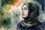 Placeholder: watercolor painting. Paper Texture. minimalist. Iran. hijab