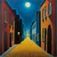 Placeholder: street made of felt, volumetric light, noon-light, nightmare, people, René Magritte