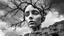 Placeholder: surrealis monochrome A fragmented, surreal sculpture liguid color of photorealistic image 3d,psychedelic art of small a women face glossy emerging from dreamlike a crumbling building. The face appears pale with deep cracks and intricate details, evoking a haunting expression. Blackened tree branches intertwine with the gold mengkilat cracks, set against a backdrop of stormy, cloud-filled skies. bauhaus art The overall tone is dark and moody, suggesting themes of decay and transformation. Include