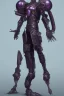 Placeholder: One Genderless Cyborg made of old rusted metal, has a human like face with a really long violet ponytail, they wear armor that is similar to Megaman. The color palatte of the armour is deep purple and yellow. They have Turquoise colured eyes. The Background is dark grey.