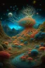 Placeholder: Fabulous composition, cosmic, hyperrealistic, microdetalization, surreal, drawing details, clear outline, color illustration, aesthetically pleasing, stardust, mystical landscape, curved trees, calendula, dark fantasy, monsters, multicolor, detailed, 3d, threads, fibers, bolto, mountains, fantastic pine neurons,ambient clarity,voluminous