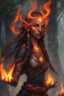 Placeholder: Fire Eladrin druid female. Hair is long and bright black part glows. Part of hair is braided and fire comes out from it. Big bright red eyes. Is generating fire with her hands . Skin color is dark. Has a big deep scar on face. Is making fire from hands