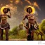 Placeholder: Biologically Female African American Twins, black skin, tall and slender, long afro kinky hair,big brown eyes, warrior wear. Gold accents on clothing. Surround by trees. Holding golden spears. Starry night