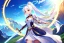 Placeholder: girl, masterpiece, best quality, volumetric lighting, detailed outfit, perfect eyes, long hair, white hair, red eyes, ponytail, armored dress, dynamic pose, halo, white wings, holding sword, landscape, fisheye, sun, lens flare abuse,