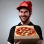 Placeholder: horror smiling pizza delivery man, holding pizza box, 3d horror game style