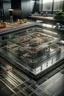 Placeholder: close up on isometric model on beautiful luxury kitchen table, glass walls and tunnels in isometric perspective, photo-realistic, shot on Hasselblad h6d-400c, zeiss prime lens, bokeh like f/0.8, tilt-shift lens 8k, high detail, smooth render, down-light, unreal engine 5, cinema 4d, HDR