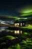 Placeholder: a photo of a black and conteporary cabin in front of a lake, in Iceland, with aurora boreal and a few sheeps around the cabin