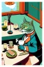 Placeholder: Cat, sitting at a table, eating sushi,perfect iris, ink and pencil, style Tintin