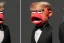 Placeholder: Angry muppet trump, round nose, in suit, eyebrows, spray tan mad red tie