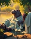 Placeholder: Oil painting inspired by the style of Maxfield Parrish. A hippo, draped in voluminous, flowing robes, relaxes peacefully by a reflective pool surrounded by lush greenery and soft, golden light. She gazes contentedly at her surroundings, with a calm, serene expression. A companion holds a cluster of grapes, enhancing the tranquil and luxurious setting. The scene has a dreamlike, painterly quality with warm, harmonious colors and intricate textures in the landscape and robes.