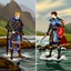 Placeholder: The prince of the high tide and the prince of the low tide in the river wearing medieval battle clothes, the image is divided into half a river at high tide and half a river at low tide