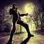 Placeholder: cyborg one man band, full moon background center large, steampunk style, horizontal image