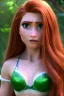 Placeholder: hyper realist, hyper detailed, stunningly beautiful teen woman, long ginger hair, green eyes, medium freckles, full lips, micro-bikini, full body and head, c-cup breasts, aroused expression, full frame, petite, centered camera from behind,