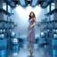 Placeholder: make a picture pretty stage made of metallic blue-gray teme 3d recursive cubic and sphere and cylinder base structures and a beautiful fashion model lady standing with cute in scene with sexy top and pretty pleated midi skirt ,makeup curvy long hair,dynamic camera zoom to full body and pan, dynamic lights.