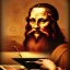 Placeholder: leonardo da vinci with computer. creating in photoshop. hyperdetailed, warm colors, movie poster, photoillustration, oil on canvas, lens flare