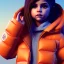 Placeholder: Selena Gomez toddler, full body, dramatic lighting orange puffer jacket, hyper realistic, unreal engine 5,