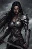 Placeholder: A female elf with skin the color of storm clouds, deep grey, stands ready for battle. Her long black hair flows behind her like a shadow, while her eyes gleam with a fierce silver light. Despite the grim set of her mouth, there's a undeniable beauty in her fierce countenance. She's been in a fight, evidenced by the ragged state of her leather armor and the red cape that's seen better days, edges frayed and torn. In her hands, she grips two swords, their blades spattered with an eerie green blood