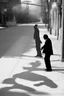 Placeholder: a man walks a sidewalk with a monster's shadow