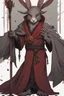 Placeholder: Male rabbitfolk with grey fur and Hazel eyes wearing blood red and black robes in a fantasy setting, sorcerer of death