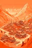 Placeholder: A light rosy orange colored mountain mine with a village in Retro Futurism art style