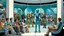 Placeholder: in the futuristic waiting room of a studio, a large crowd waits in front of a giant glass door, aliens of all sizes, colors, and looks, droids, mutant girls, strange fantastical creatures, and a few human-like beings linger in the crowd. high detalied, sharp focus, photorealistic