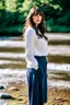 Placeholder: realistic, portrait and full body of a woman standing next to rocky river in country side, beautiful face with nice make up, sunlight, cinematic light, bangs, a beautiful woman, beautiful eyes, brown curved hair, perfect anatomy, very cute, princess eyes , (blue eyes) , nice sport shoes ,Centered image, stylized, life size,8k Resolution, low-cut dress with small blue details, human hands, wonder full, elegant, approaching perfection, dynamic, highly detailed, character sheet,