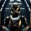 Placeholder: star wars bald male corellian pilot wearing gunmetal grey and black First Order TIE pilot armored flightsuit and helmet with gold trim inside the jedi temple, centered head and shoulders portrait, hyperdetailed, dynamic lighting, hyperdetailed background, 8k resolution, volumetric lighting, light skin, fully symmetric details