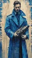 Placeholder: a photo and/or painting of a man in a trench coat holding a camshaft in hands, artgram, cobalt blue, cyan, beige and grey color scheme, reduce character duplication, epic, detailed color scan, glitch pattern visual noise, tint leak