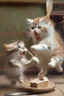 Placeholder: mother cat chasing baby cat with wooden spoon eating cake