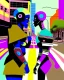 Placeholder: two arafed persons arguing in middle of street, yikes art, afrofuturism, arafed angularity, art cracking the road, angular aztec vibe, whimsical arafed nonsense, patchwork vibe, (((side view))) two arafed cyberlords fighting each other in a rainy whimsical downtown street with extreme body action and with (((exaggerated body parts))), (((oversize head))), sharp color contrasts, amazing shadows, (((exaggerated limbs and head))), minimal cozy, warm palette, bright bold warm summer colors