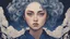 Placeholder: A beautiful portrait painting of a Singer Danish MØ face by Katsushika Hokusai, beautiful cyberpunk huge girl, symmetry, hyperdetailed, illustration darkblue tones,