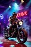 Placeholder: An "hard MC guy" performing at dance club, his name is "Benny" Very hard looking, motorbike Harley davidson on stage, Neon lights and smog, "KUKRUNK" sign on the wall