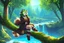 Placeholder: Girl, green hair, raccoon tail, raccoon paws in hand, raccoon paws in foot, forest, river, sit on tree, coat on neck, with tongue out, big tail, furry