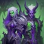 Placeholder: Demonio hermoso de armadura morada y verde con cabello blancos posando junto con un demonio de armadura negra y verde