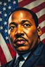 Placeholder: an expressive painting of Martin Luther King portrait with the American flag in the background, might see a companion with features of absolute strength and determination, blended with warmth and deep faith. Perhaps his face expresses wisdom and courage, with eyes radiating confidence and faith.