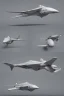 Placeholder: ideation aeroplane airmed inspired by shark with side view, quarter view and front view