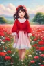 Placeholder: a little girl standing in a field of flowers, girl standing in flower field, girl standing in a flower field, realistic cute girl painting, by Lü Ji, girl walking in flower field, portrait of girl in flower field, girl frontal in a flower field, girl wears a red dress, portrait anime girl, cute detailed artwork, korean artist, kawaii realistic portrait