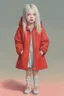Placeholder: Illustration of billie eilish, as toddler,,at the circus,, 1970s, red raincoat style of Marcel Marlier, pastel colors