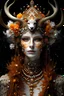 Placeholder: Woman humanoid reindeer queen portrait with extremely textured skin and Golden dust white floral crown and fur, adorned with white and light ginger berry colour snowy leaves and snow flblack. Orchid with small seapearls ornate crystal lace, wearing pearl black lace effect Halloween costume and masque Organik bio spinal ribbed detail of snowy orange candle athmoshpheric full. Ornate floral background white spider web and a pumpkin around extremely detailed hyperrealistic maximálist concept ar