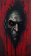Placeholder: Bosch style painting , A shadow of a spirit inside an old witch face in details on red bloody background