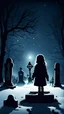 Placeholder: silhouette of a little girl stands near the grave in a winter cemetery at night in horror style