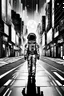 Placeholder: picture from a black and white line art cityscape. In the middle a color step transition photo of a little girl walking in space suit on the street, enhancing the contrast between her 3db texture and the black and white line cityscape, high digital illustration, cinematic