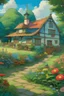 Placeholder: ghibli inspired cottage and garden art painterly