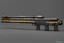 Placeholder: Goldmember rifle rail gun double cannon with bayonets munition belt Original concept design rendering with Blender, Substance painter, Photoshop, Marmoset toolbag 22.7k tris, 21.4k vertices, 4k textures. in a sci-fi armoury