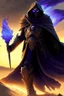 Placeholder: Thanos is the god of power and evil The commander wears a black cloak and a long coat with long combat boots and a long spear with a hat under his cloak with blue flame eyes, a sword like a spear The sun in the palm of a brave man in the middle of the desert A battle iron suit with the ability to fly, made for humans