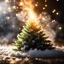 Placeholder: Extreme Macro Photography, HD, Photo Realistic. Centered. Linear perspective,merry christmas, christmas tree, smoke trailing out chimney, white snowflakes falling . Backlit by very soft golden glow lighting